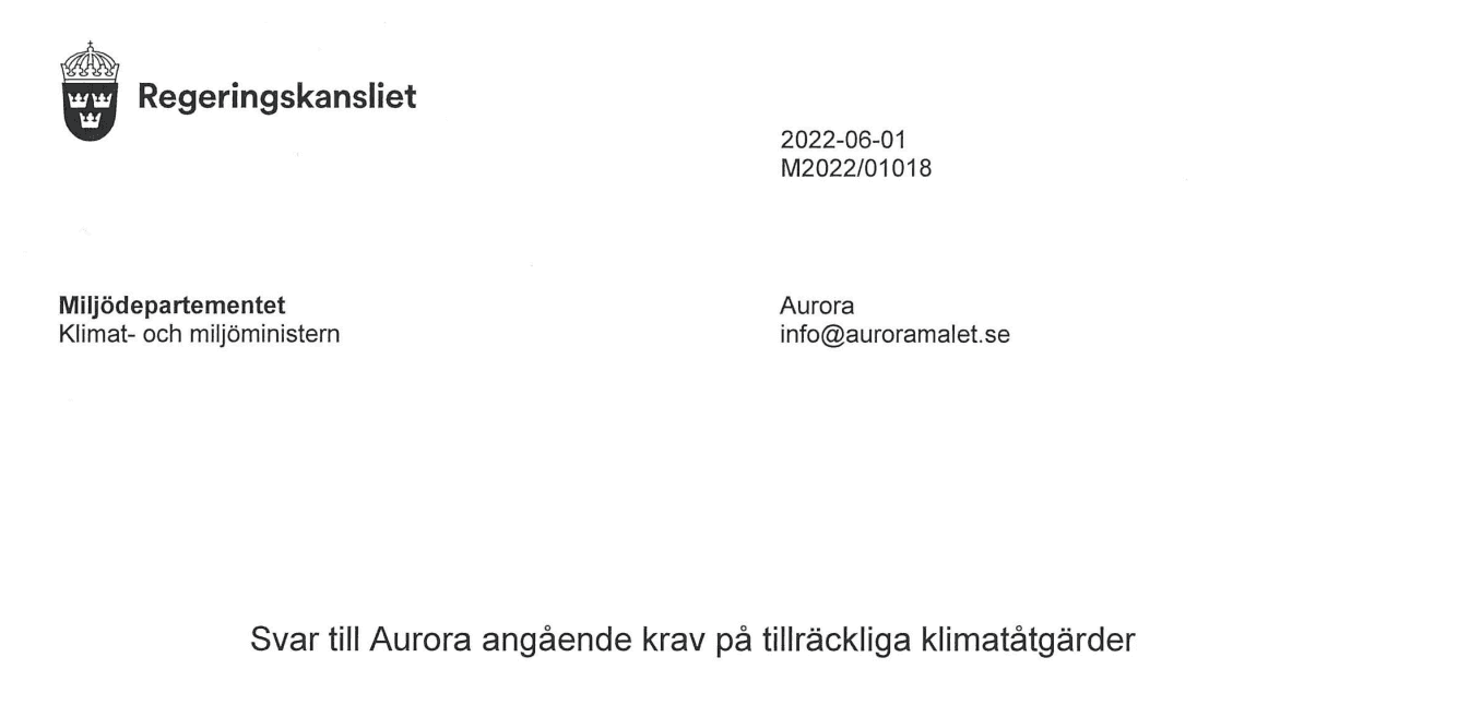 Början av brevet som skickades från Miljödepartementet till Aurora